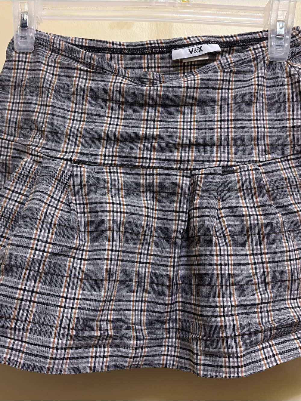 Gray Plaid Pleated Mini Skirt with Tan Accents